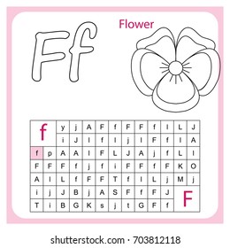 worksheet . Learning alphabet. worksheet  for preschool children, kids.  Task -  Go by the letter F (paint all the circles where there is a letter F).  Painting page.  Vector illustration. 