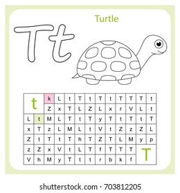 worksheet . Learning alphabet. worksheet  for preschool children, kids.  Task -  Go by the letter T (paint all the circles where there is a letter T).  Painting page.  Vector illustration. 