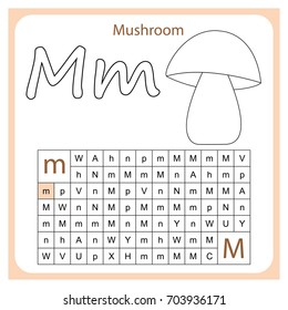 worksheet . Learning alphabet. worksheet  for preschool children, kids.  Task -  Go by the letter m (paint all the circles where there is a letter m).  Painting page.  Vector illustration. 