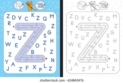 Worksheet for learning alphabet - recognizing capital letter Z - maze in the shape of capital letter Z