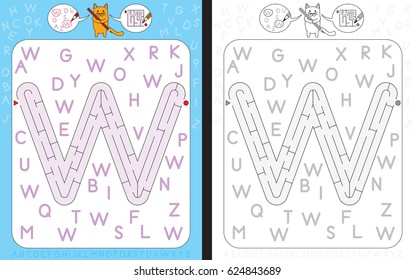 Worksheet for learning alphabet - recognizing capital letter W - maze in the shape of capital letter W
