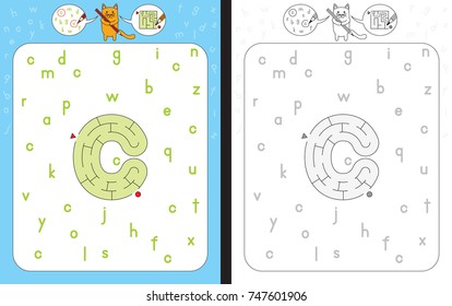 Worksheet for learning alphabet - recognizing letter c - maze in the shape of letter c