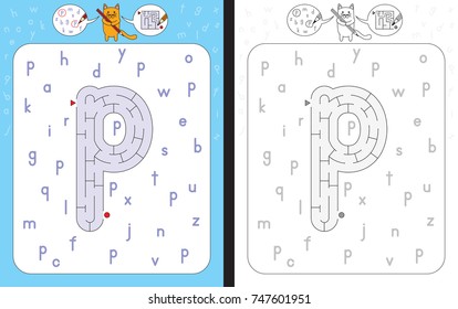 Worksheet for learning alphabet - recognizing letter p - maze in the shape of letter p