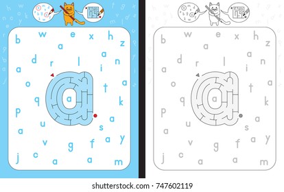 Worksheet for learning alphabet - recognizing letter a - maze in the shape of letter a