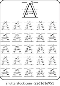 Arbeitsblatt zum Erlernen des Alphabets. Alphabet Tracing Worksheet. Aktivität für Vorschulen und Kindergarten. Buchstaben A-Z. Englisch für Kinder. Handschrift für Kinder.ABC Aktivitäten und Übungen für Kinder