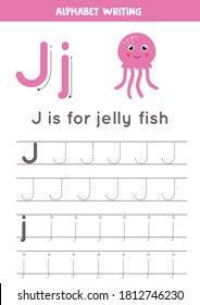 Worksheet for learning alphabet. Tracing letter J with cute cartoon jelly fish. Educational worksheet for kids. 