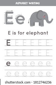 Worksheet For Learning Alphabet. Tracing Letter E With Cute Cartoon Elephant. Educational Worksheet For Kids. 