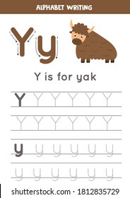 Worksheet for learning alphabet. Tracing letter Y with cute cartoon yak. Educational worksheet for kids. 