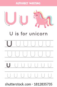 Worksheet for learning alphabet. Tracing letter U with cute cartoon unicorn. Educational worksheet for kids. 