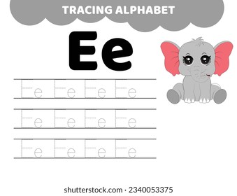 Worksheet for learning alphabet. Tracing letter E with cute cartoon unicorn. Educational worksheet for kids.