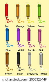 Worksheet for learning colors.Set of vector colored pencils isolated on background.Red, orange, yellow, green, blue, purple, violet, pink, white, gray and black.Vector illustration.