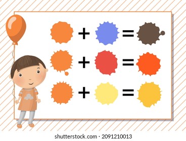 Arbeitsblatt. Lernen Sie Farben mischen. Grün. Vektorgrafik. Printable a4 horizontale Albumseite. Junge und Ballon.