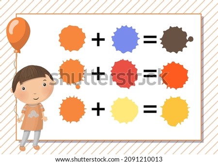 Worksheet. Learning mixing colors. Green. Vector. Printable a4 horizontal album page. Boy and balloon.