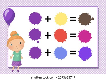 Worksheet. Learning mixing colors. Violet. Vector. Printable a4 horizontal album page. Girl and balloon.