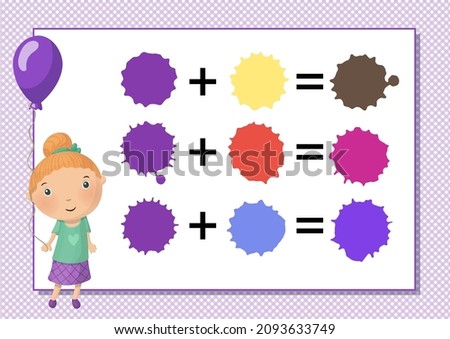 Worksheet. Learning mixing colors. Violet. Vector. Printable a4 horizontal album page. Girl and balloon.