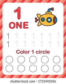 Worksheet for learning numbers. Number 1. Training to write and count numbers. Coloring exercises for children. Vector illustration.
