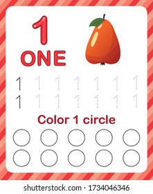 Hoja de trabajo para los números de aprendizaje. Número 1. Entrenamiento para escribir y contar números. Ejercicios de coloración para niños. Ilustración vectorial.