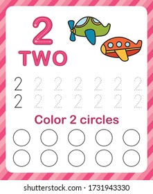 Worksheet for learning numbers. Number 2. Training to write and count numbers. Coloring exercises for children. Vector illustration.