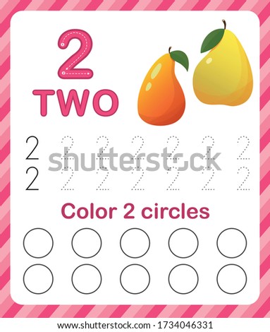 Worksheet for learning numbers. Number 2. Training to write and count numbers. Coloring exercises for children. Vector illustration.