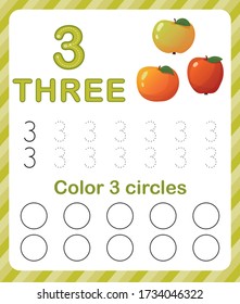 Worksheet for learning numbers. Number 3. Training to write and count numbers. Coloring exercises for children. Vector illustration.