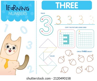 Hoja de trabajo para los números de aprendizaje. Número 3. Material de aprendizaje y juego para niños