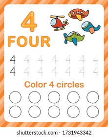 Worksheet for learning numbers. Number 4. Training to write and count numbers. Coloring exercises for children. Vector illustration.