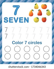 Worksheet for learning numbers. Number 7. Training to write and count numbers. Coloring exercises for children. Vector illustration.