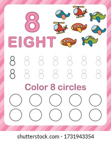 Arbeitsblatt für Lernnummern. Nummer 8. Schulung zum Schreiben und Zählen von Zahlen. Farbübungen für Kinder. Vector-Abbildung.