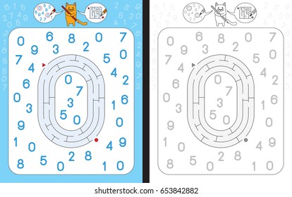 Worksheet for learning numbers - recognizing number 0 - maze in the shape of number 0