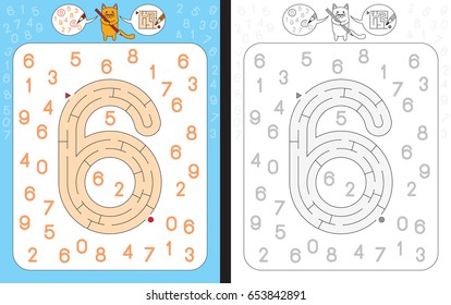 Worksheet for learning numbers - recognizing number 6 - maze in the shape of number 6