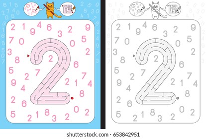 Worksheet for learning numbers - recognizing number 2 - maze in the shape of number 2