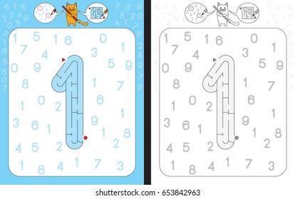 Worksheet for learning numbers - recognizing number 1 - maze in the shape of number