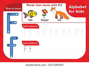 worksheet Letter F, Alphabet tracing practice Letter F. Letter F uppercase and lowercase tracing with Fish, Flower and Fox. Handwriting exercise for kids - Printable worksheet.