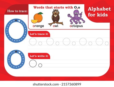 worksheet Letter O, Alphabet tracing practice Letter O. Letter O uppercase and lowercase tracing with Orange, Owl and Octopus. Handwriting exercise for kids - Printable worksheet.