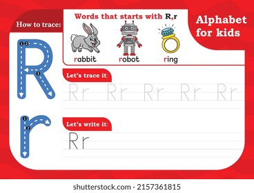 Arbeitsblatt R, Alphabet-Ablaufverfolgungspraxis Letter R. Groß- und Kleinschreibung R mit Kaninchen, Roboter und Ring. Handschriftenübung für Kinder - druckbares Arbeitsblatt.