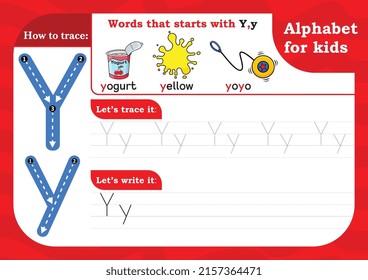 worksheet Letter Y, Alphabet tracing practice Letter Y. Letter Y uppercase and lowercase tracing with Yogurt, Yellow and Yoyo. Handwriting exercise for kids - Printable worksheet.