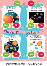 Worksheet for Logic Kids Task and Answer Questions: Solar System It's a yes-or-no game. Learn about kids' education activities. Children learn and play brain games.