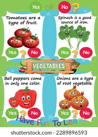 Worksheet for Logic Kids Task and Answer Questions: Vegetables Healthy Food It's a yes-or-no game. Learn about kids' education activities. Children learn and play brain games.
