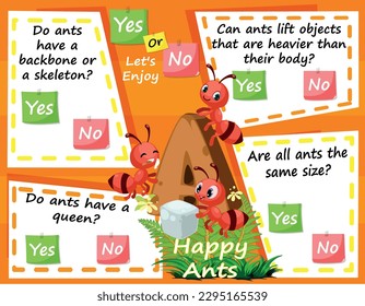 Worksheet for Logic Kids Task and Answer Questions: Ants. It's a yes-or-no game. Learn about kids' education activities. Children learn and play brain games.