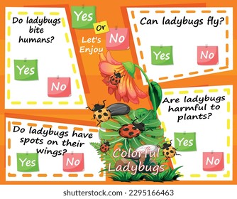 Worksheet for Logic Kids Task and Answer Questions: Colorful Ladybugs.  It's a yes-or-no game. Learn about kids' education activities. Children learn and play brain games.