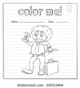A worksheet with a man fixing his belt on a white background