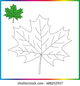 Worksheet,  Maple Leaf , connect the dots and coloring page - game for kids. Restore dashed line - trace game for children. 