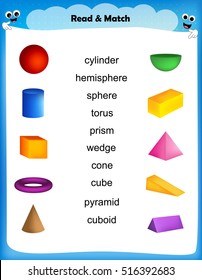 worksheet - match 3D shape images with their names worksheet for preschool kids