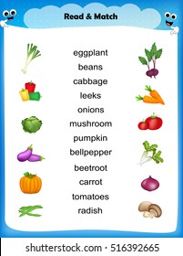 worksheet - match vegetable images with their names worksheet for preschool kids