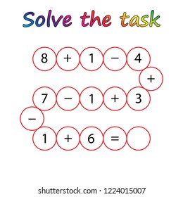 Worksheet. Mathematical puzzle game. Learning mathematics, tasks for addition  for preschool  children. worksheet for preschool kids - vector
