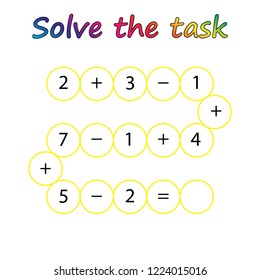 Worksheet. Mathematical puzzle game. Learning mathematics, tasks for addition  for preschool  children. worksheet for preschool kids - vector
