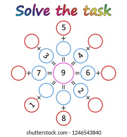 Worksheet. Mathematical puzzle game. Learning mathematics, tasks for addition  for preschool  children. worksheet for preschool kids - vector