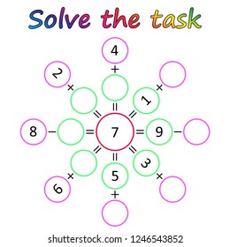 Worksheet. Mathematical puzzle game. Learning mathematics, tasks for addition  for preschool  children. worksheet for preschool kids - vector