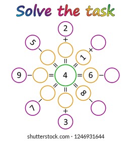 Worksheet. Mathematical puzzle game. Learning mathematics, tasks for addition  for preschool  children. worksheet for preschool kids - vector