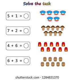Worksheet. Mathematical puzzle game. Learning mathematics, tasks for addition  for preschool  children. worksheet for preschool kids - vector